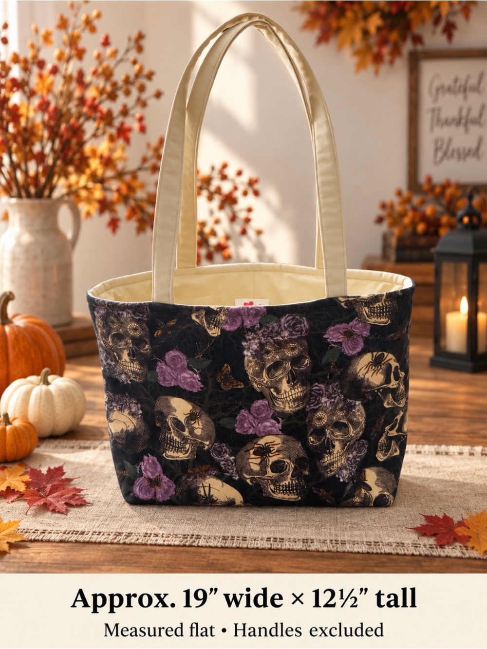 Halloween Floral Skull Tote Bag - Cream Handles